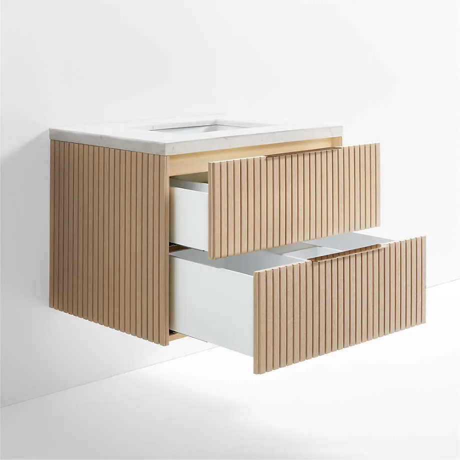 White Marble Top and Oak Wood Single Sink Floating Vanity - Image 4