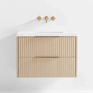 White Marble Top and Oak Wood Single Sink Floating Vanity