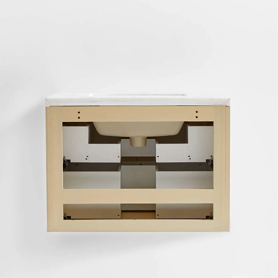 White Marble Top and Oak Wood Single Sink Floating Vanity - Image 3