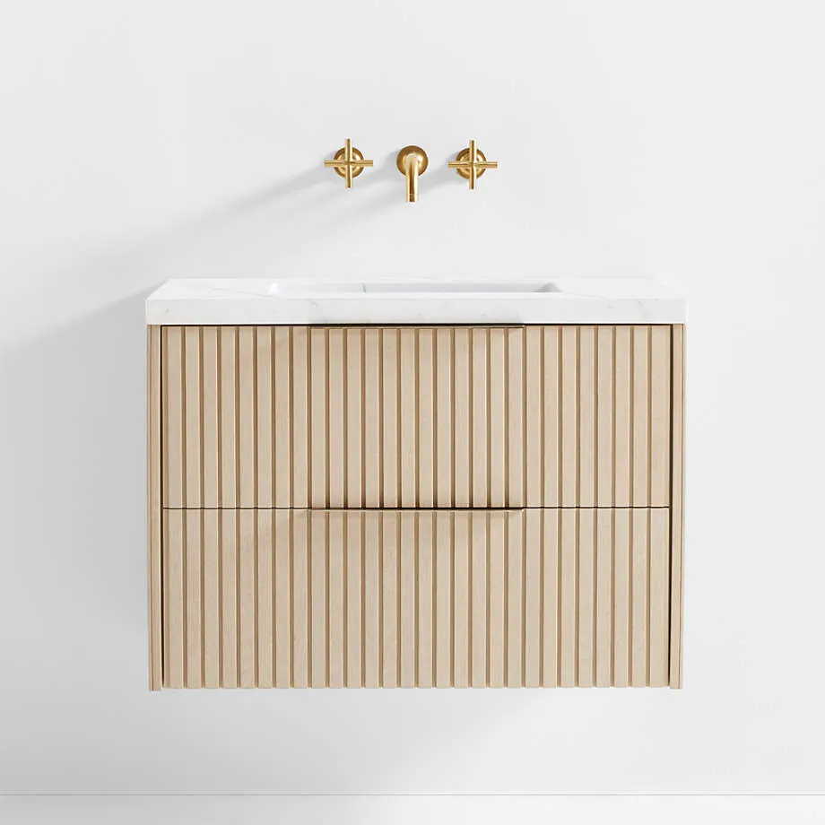 White Marble Top and Oak Wood Single Sink Floating Vanity