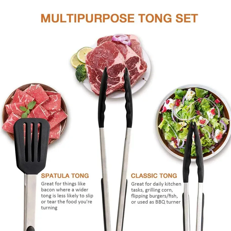 3pcs Silicone Kitchen Cooking Tongs Set Stainless Steel Nonstick Food Tongs Non-Slip Cooking Clip Clamp BBQ Salad Grill Tools - Image 5