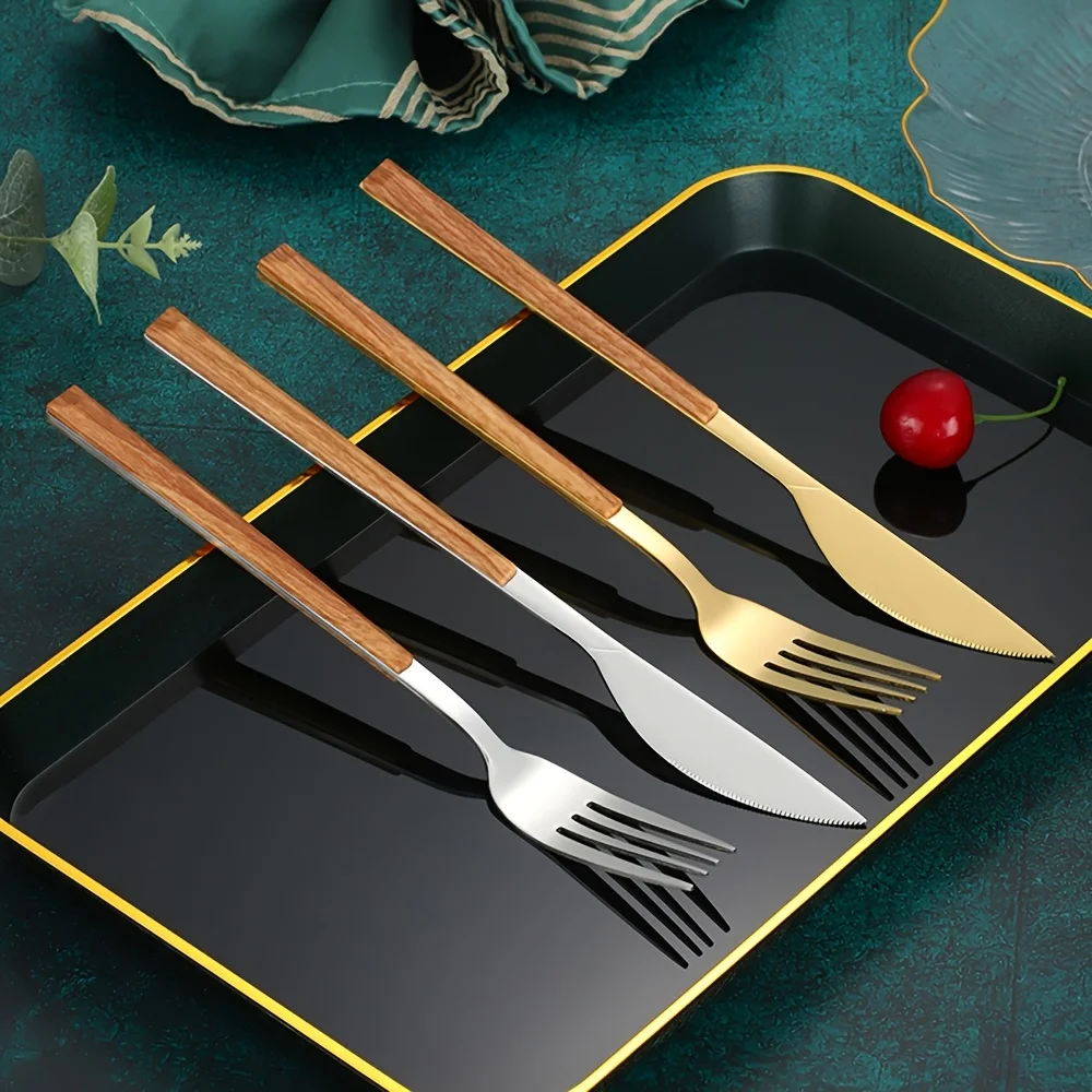 2 Sets 10Pcs Wood Grain Handle Stainless Steel Flatware Set - Image 5