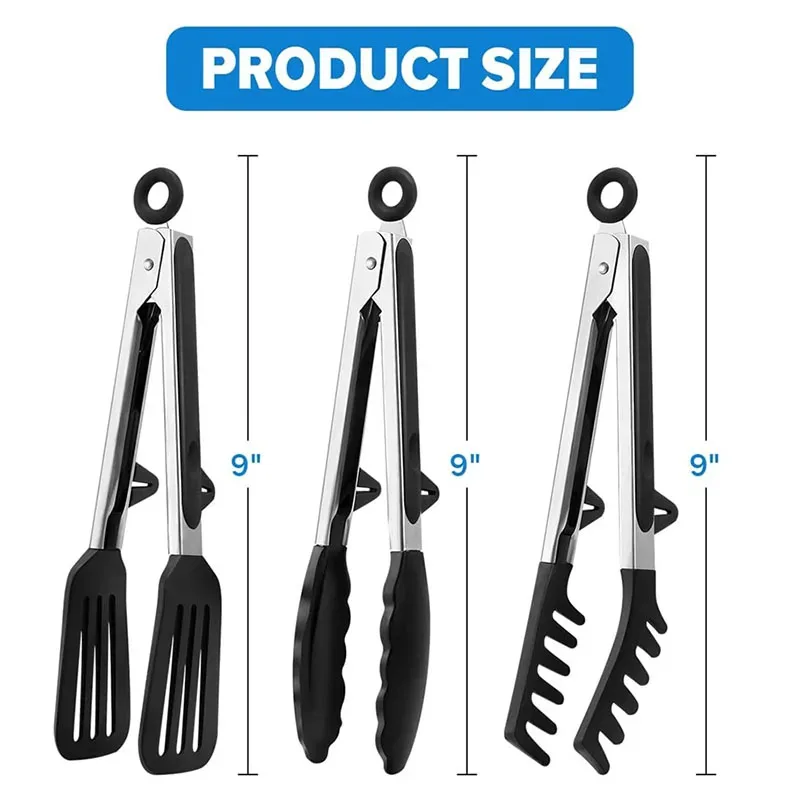 3pcs Silicone Kitchen Cooking Tongs Set Stainless Steel Nonstick Food Tongs Non-Slip Cooking Clip Clamp BBQ Salad Grill Tools - Image 2