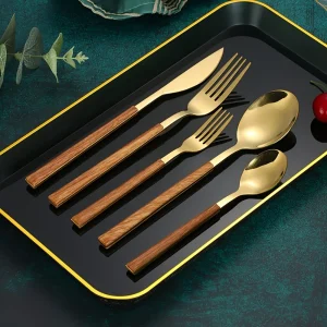 2 Sets 10Pcs Wood Grain Handle Stainless Steel Flatware Set