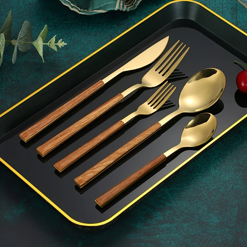2 Sets 10Pcs Wood Grain Handle Stainless Steel Flatware Set