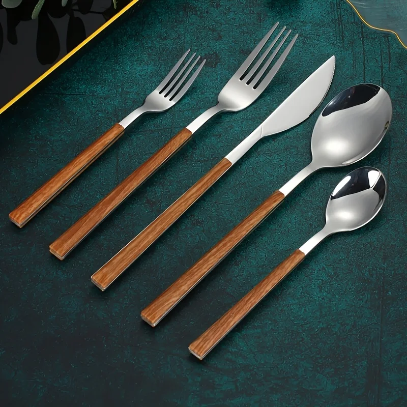 2 Sets 10Pcs Wood Grain Handle Stainless Steel Flatware Set - Image 2