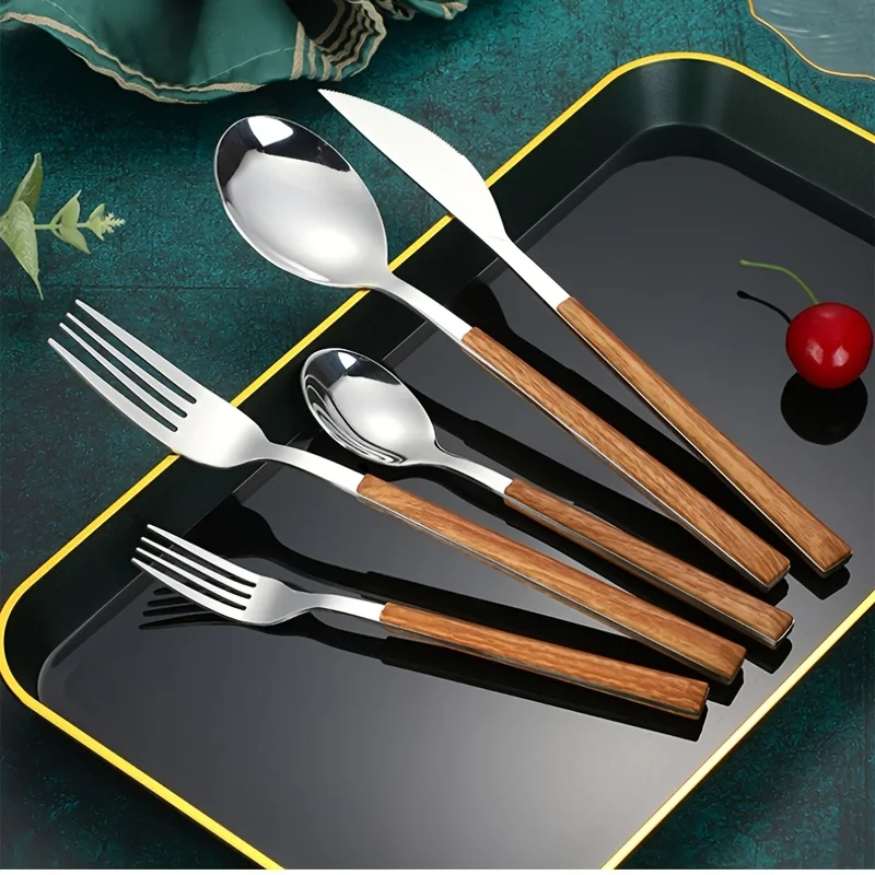 2 Sets 10Pcs Wood Grain Handle Stainless Steel Flatware Set - Image 3