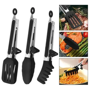 3pcs Silicone Kitchen Cooking Tongs Set Stainless Steel Nonstick Food Tongs Non-Slip Cooking Clip Clamp BBQ Salad Grill Tools